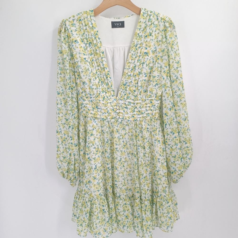 VICI Collection Floral Long Sleeve Chiffon Babydoll Mini Dress Green/Yellow - Picture 8 of 9